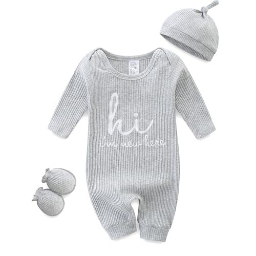 Baby Romper with Baby Mittens & Newborn Hats Footless Long Sleeve Solid Onesie Hi Im New Here