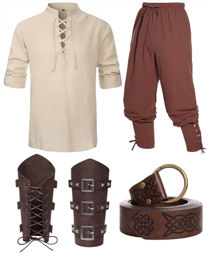 Mittelalter Hemd Viking Kostüm Herren Renaissance Viktorian Piraten Schnürhemd Fischerhemd Kriegerin Gothic Stehkragen Cosplay Top with Kniebundhose Männer Armschützer Steampunk Ritter Gürtel VL002XL