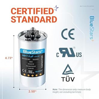 60+7.5 uf MFD ±5% 370 or 440 Volt AC CBB65B Dual Run Round Capacitor Replacement Part by Blue Stars - Exact Fit for Condenser Straight Cool or Heat Pump Air Conditioner