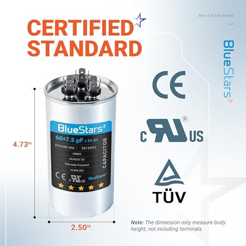 60+7.5 uf MFD ±5% 370 or 440 Volt AC CBB65B Dual Run Round Capacitor Replacement Part by Blue Stars - Exact Fit for Condenser Straight Cool or Heat Pump Air Conditioner