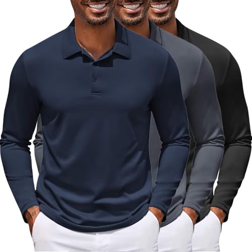 COOFANDY Men's Polo Shirt Long Sleeve Moisture Wicking Golf Shirts Sun Protection Collared Work Shirts