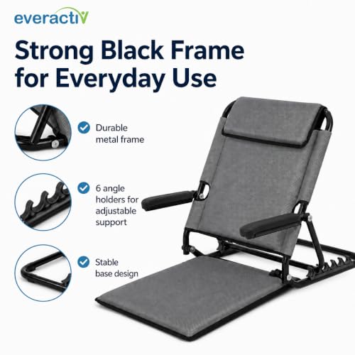 Image of Everactiv Adjustable Bed Back Support with Armrest, Foldable 6 Position Bed Rest Chair for Elderly, Reading, Resting & Recovery
