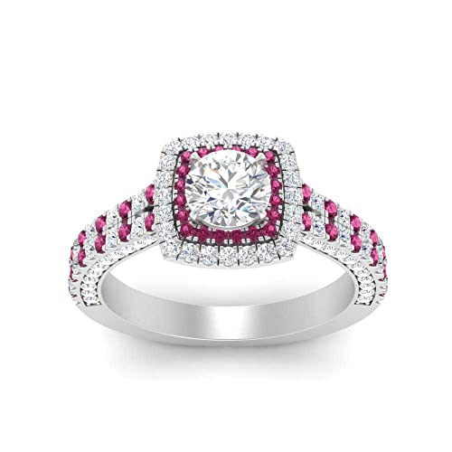 Image of 55Carat Choose Your Gemstone Double Band Square Halo Diamond CZ Ring 925 Sterling Silver Round Shape Halo Engagement Rings Everyday Jewelry Wedding Jewelry Handmade Gifts for Wife US Size 4 to 12