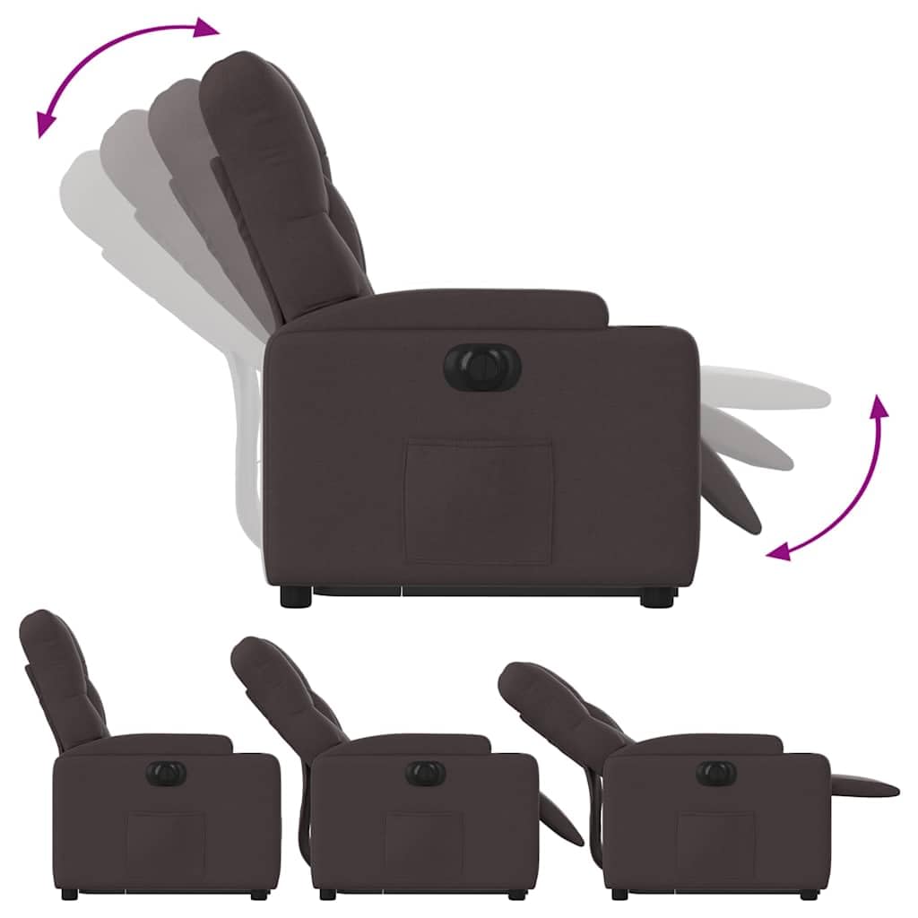 Sillón elevador eléctrico reclinable de tela marrón oscuro con motor para elevación y función reclinable automática a 135 grados, cómodo y estable
