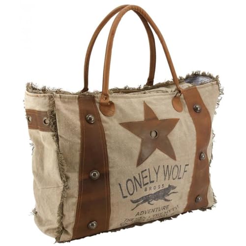 Sac coton Lonely Wolf Aubry Gaspard à imprimé loup et poignées cuir