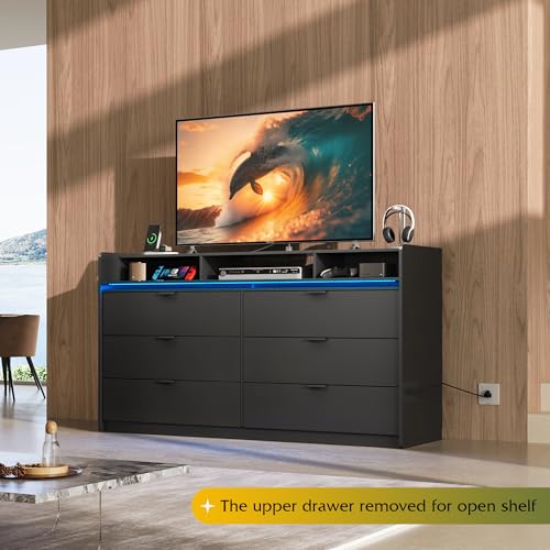 WLIVE 9 Drawer Led Dresser for Bedroom, 58.35'' Black Wood Dresser Storage Organizer with Power Outlets for 65'' TV, Dressers with Open Shelves, Chest of Drawers for Closet, Living Room