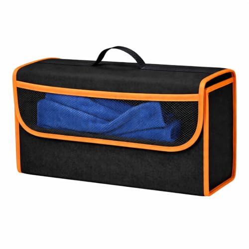 Image of JVCV Car Trunk Organizer Storage Bag with Mesh Pocket | Foldable Boot Storage Box | Durable Anti Slip Black Organizer | 29x50x17 cm | Multipurpose Car Storage (Large - Black Orange)