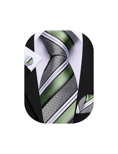 Barry.Wang Sage Green Black Grey Tie for Men Striped Silk Necktie Set