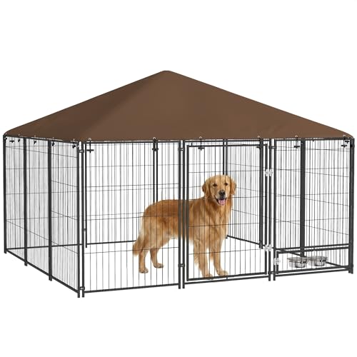 PawHut Recinto per Cani da Esterno, Box per Cani in Acciaio 211x211x151 cm con Tetto Anti-UV, Impermeabile, Ciotola Girevole, Kennel Recinzione Spazioso per Cuccioli, Giardino, Nero e Marrone
