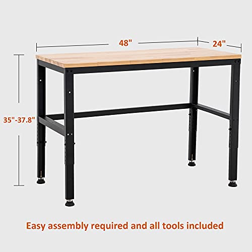 Mcombo 48" Adjustable Workbench With Oak Wood Top, Overall Steel Frame Worktable For Garage, Workstation For Workshop And Home Improvement Wd48 #TOP6