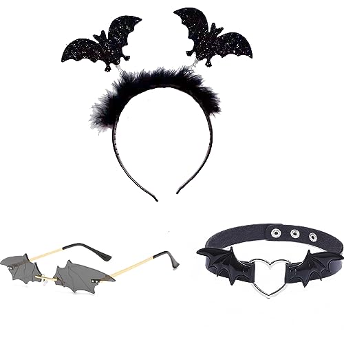 JNAWA 3 Pieces Halloween Bat Set Bat Sunglasses Bat Ears Headband and Bat Necklace Masquerade Bat Accessories for Halloween Party Decoration