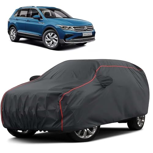 Image of Sulfar 100% Water Resistant Car Body Cover Compatible with Mirror for Volkswagen Tiguan (Triple Stitched, Full Bottom Elastic, Dark Grey Taffeta with Red Piping)
