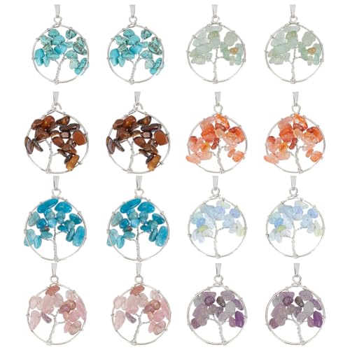 PH PandaHall 16pcs 8 Styles Tree of Life Pendant Natural Stone Pendant Colorful Gemstone Charms Round Crystal Charms Pendant for DIY Necklace Earring Christmas Thanksgiving Birthday Jewellery Making