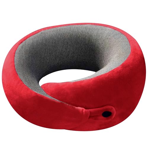 Image of Billebon Memory Foam Travel Neck Pillow with Magnetic Fabric Luxury Neck Support Pillow for Comfortable Travel, Washable Removable Cover (Red with Eye Mask)