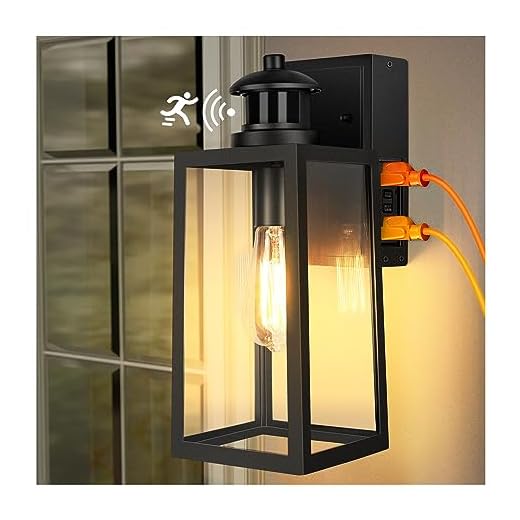 Dusk to Dawn Motion Sensor Outdoor Porch Lights with GFCI Outlet,Waterproof Outdoor Light Fixture,Anti-rust Exterior Wall Lights Wall Mount with 3 Modes,Outside Lights for House,Bulb not Included