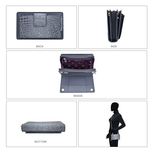 Image of Anuschka Women's Leather Wallet - Hand-Painted Genuine Leather Wallet with RFID Protection - 1149, Croc Embossed Silver Grey