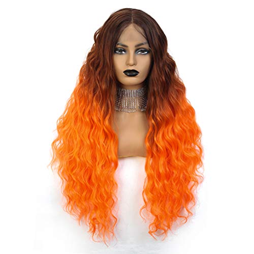 Orange Deep Wave Middle Part Lace Frontal Wig 24 Inch Ombre Long Synthetic Wavy Wig For Women