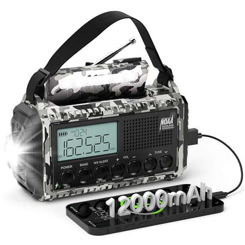 Emergency Radio 12000mAh AUTO NOAA Weather Radio, Solar Hand Crank Portable AM/FM Shortwave Radio with Rechargeable Battery Powered, Flashlight, Reading Lamp, SOS Alarm for Indoor Outdoor Emergencies