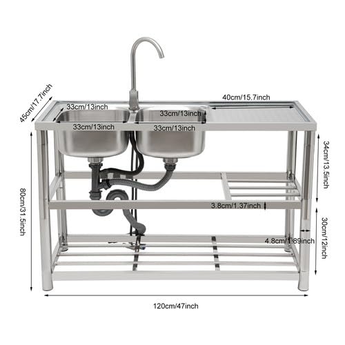 Edelstahl Spültisch Freistehende Küchenspüle 2 Becken 3 Ebenen Spülbecken Gastro Spüle mit Kalt und Warm Wasserhahn, Gewerbliche Edelstahlspüle für Restaurant Inkl. Zubehör 120x45x80 cm