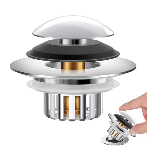 Bonde de lavabo Pop Up 3 en 1 avec panier filtrant en acier inoxydable - Bouchon de lavabo pour lavabo de 37 à 50 mm - Cœur à billes en laiton - Chromé