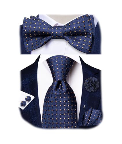 Image of Hi-Tie 5Pcs Mens Solid Color Silk Tie Satin Pretied Bowtie Lapel Pin for Men Handkerchief Cufflink Wedding Gift Box