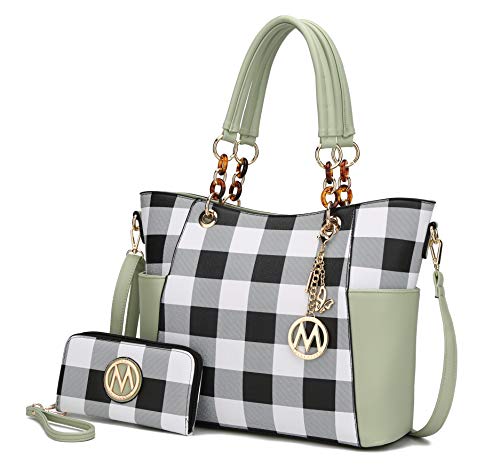 MKF Collection Bolsa feminina com alça superior para carteira - bolsa de couro vegano, Xadrez Mint, Large