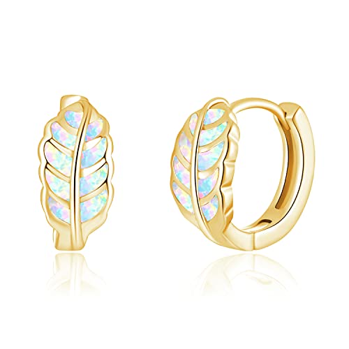 Leaf Small Hoop Earrings for Women Girls Opal Huggie Hoop Earrings 14K Gold Plated Cartilage Mini Earrings