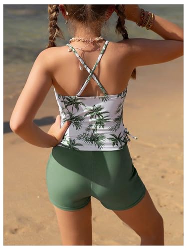 OYOANGLE Girl's 2 Piece Tankini Swimsuits Tropical Print Knot Side Beach Sports Bathing Suits Beachwear3