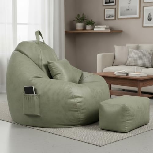 Image of 5XL Suede Bean Bag Chair with Footrest & Cushion | Filled with High Density Polystyrene Beans | Premium Soft Fabric | Teardrop Design with Handle | Ready to Use Color- (GREEN, Bean Bag Set)