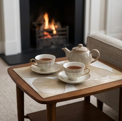 Image of HomeCloud Rectangular Waterproof Dining Table Placemats | Strong & Easy-Clean Table Mat for Dining, Center & Bedside Table | Protects from Spills, Heat & Scratches (Botanical Gold, Set of 2)