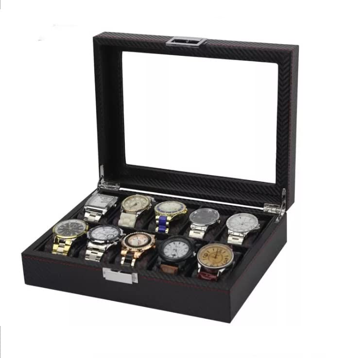 RJ Displays-Watch Box Storage Display Case Organizer Glass Top For Men 10 Slot Watch Holder Black/Grey Carbon Fiber,& Faux Leather.. Groomsmen Wedding Fathers day Gift