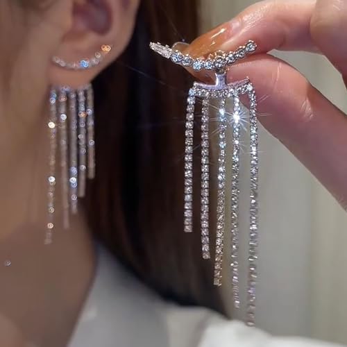 HUJUON Elegant Long Rhinestone Chain Earrings. Punk Double Strand Tassel Line Earrings Minimalism Crystal Drop Earrings for Women Wedding Jewelry (Style C Silver) by HUJUON - Used condition - Image 2
