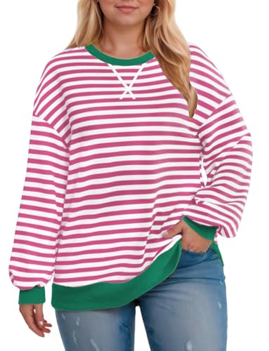 Image of ROSRISS Womens-Plus-Size-Oversized-Sweatshirts Striped Colorblock Long Sleeve Shirts Casual Crewneck Pullover Sweaters XL-5XL