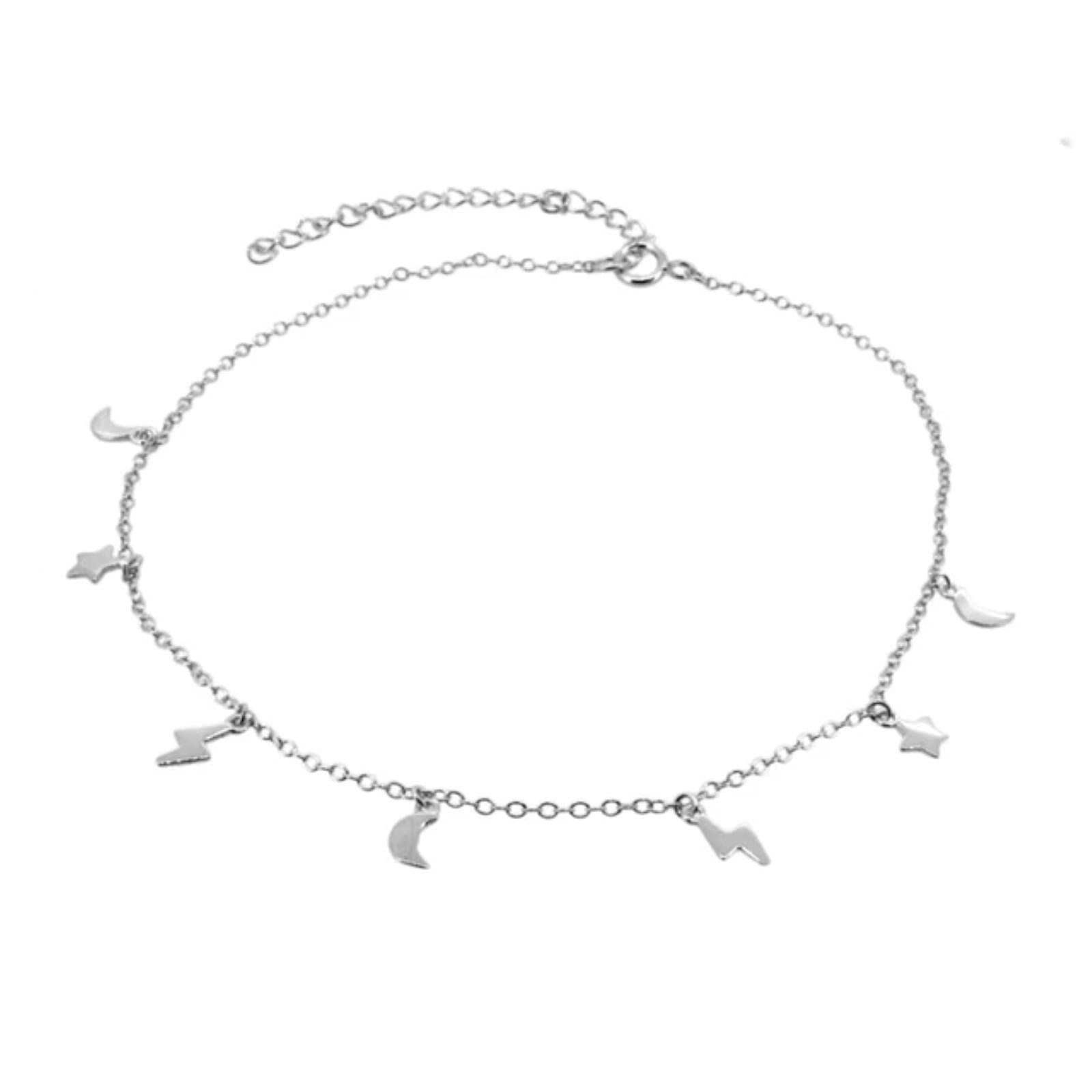 Fußkettchen,925 Sterling Silber Stern Mond Blitz Gestapeltes Fußkettchen für Frauen Einfache Fußkette Fußkettchen Knöchel Weiblich Feiner Schmuck Geschenk