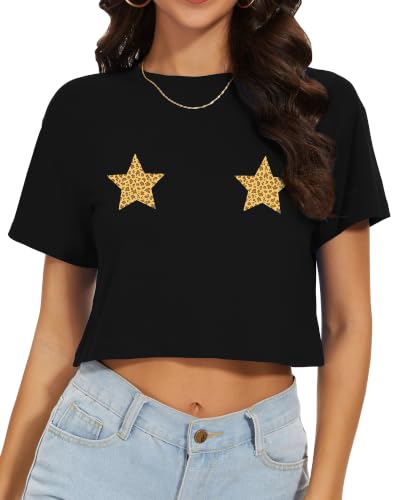Image of Womens Crop Tops Summer Short Sleeve Round Neck T-Shirts Loose Fit Blouse