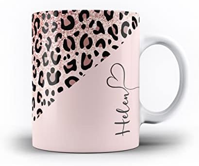 iCaseDesigner Personalised Animal Print Custom Name Mug - 5. Leopard Print Pink Sparkle Fade