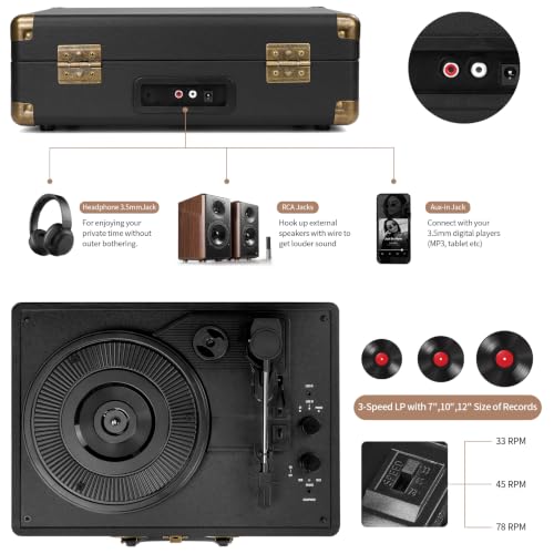 Image of Vinyl Record Player Bluetooth Turntable 3-Speed Suitcase Portable Vintage Belt-Driven Record Player with Speakers RCA Line Out AUX in Headphone Jack