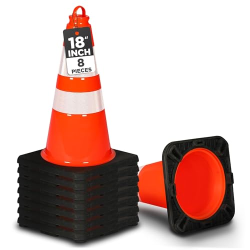 Pyle 18' Traffic Cones 8-Pack, High-Visibility Orange Safety Cones for Parking, Roadwork, Construction and Sports Training, Stackable Design with Heavy-Duty PVC Base, Weather-Resistant