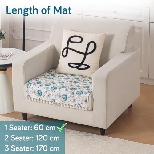 Image of HOKIPO Cerulean Bloom Quilted Sofa Cover Mat with Tassels for 1 Seater 'Tassel Twigs' Series (IN-982-T6)