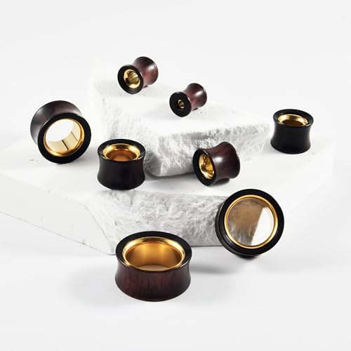 2PCS Hollow Gold Stainless Steel/Sandalwood Two Tone Ear Tunnels Plugs Double Flared Expander Ear Gauges Stretched Piercing Body Jewelry4