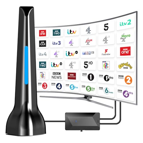 TV Aerial, Freeview Indoor TV Aerial with 560+ Miles Range 360° Reception, TV Antenna Indoor with Signal Booster & Magnetic Support Base, Support 4K 1080P VHF/UHF/DAB Radio and All TV