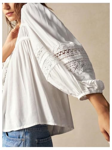 SHENHE Women's Boho V Neck Lantern Sleeve Oversized Embroidered Peasant Blouse Top Shirt4