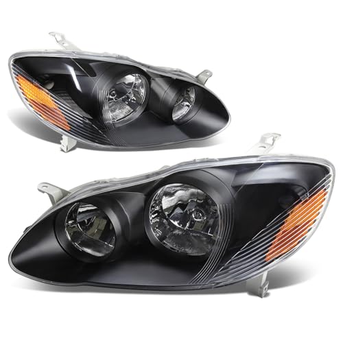 Auto Dynasty Headlights Assembly fit for 2003-2008 Toyota Corolla 03 04 05 06 07 08, Driver and Passenger Side Halogen Headlamps Replacement, OE Style, Black Housing Amber Corner