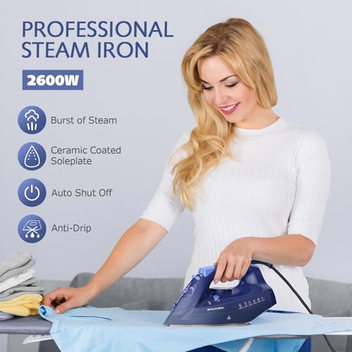 BEAUTURAL 2600W Dampfbügeleisen mit Keramik-Bügelsohle, Starkem Dampf, Tropfstopp und Anti-Kalk, 350ml Wassertank, Selbstreinigung, Abschaltautomatik, 1,9 m Kabel, Blau