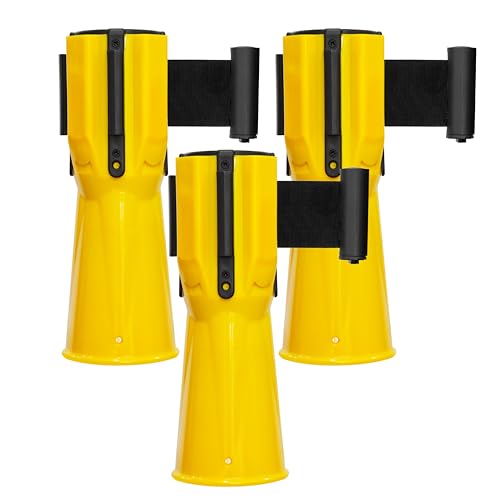 Image of Retractable Traffic Cone Belt - 3 Meter | Cone-Mountable Emergency Warning Belt | Retractable Cone Topper for Events, Parking Lots, Warehouses (Yellow with Black Belt, 3 Pcs Set)