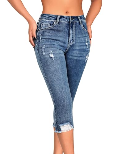 roswear Women's Capri Pants Mid Rise Skinny Ripped Stretchy Cropped Distressed Jeans