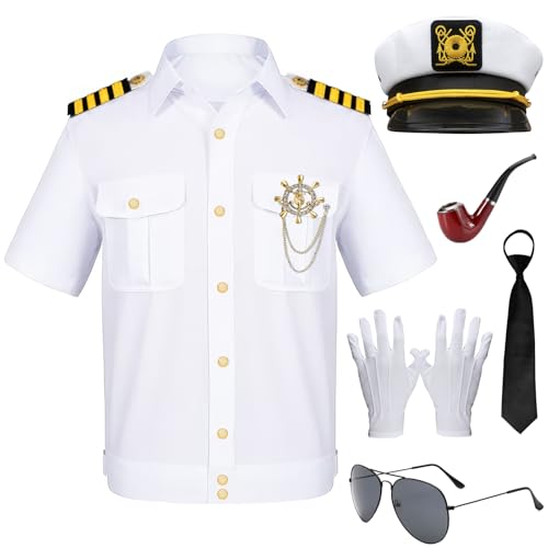 PANMAY Kapitän Matrose Kostüm Männer Marine Weiß Kostüm-8Stück mit Kapitäne Weiß Jacke Mütze Handschuhe Boot Kapitän Themed Cosplay Party Halloween Karneval Kostüm für Erwachsene (XL)