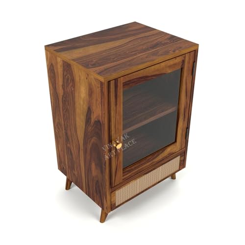 Image of Wooden Small Crockery Cabinet | Sideboard Display Cabinet with Glass Door & Drawer for Living Room | Bookshelf for Home & Office | Material: Sheesham Wood, Natural | Design: Cane