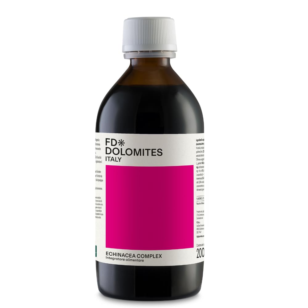 FD Dolomites Echinacea Complex Sciroppo - Integratore con Echinacea per le Difese Immunitarie, Vitamina C per il Sistema Immunitario, Pino e Timo per la Gola e Bronchi, 200ml, Vegetariano