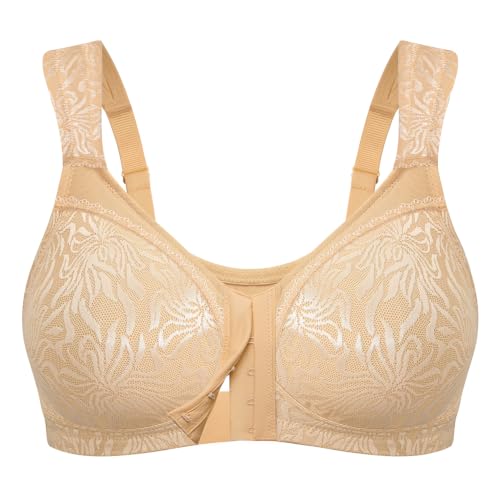 Image of Wingslove Women's Front Closure Minimizer Bra Full Coverage Wirefree Comfort Plus Size Racerback Jacquard Non Padded